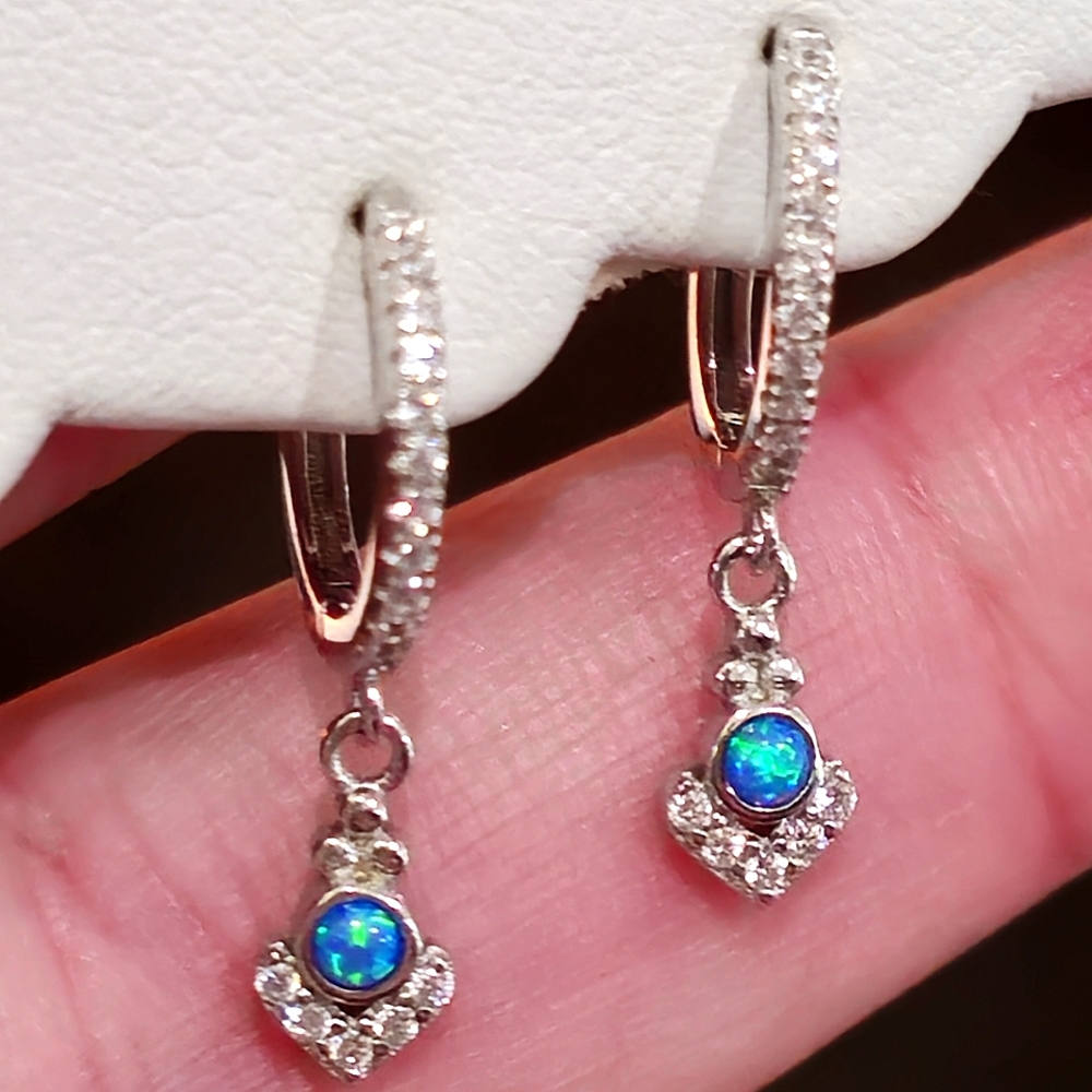 925 STERLING SILVER BLUE OPAL & CRYSTAL DIAMOND CZ DAINTY DANGLE HUGGIE HOOPS